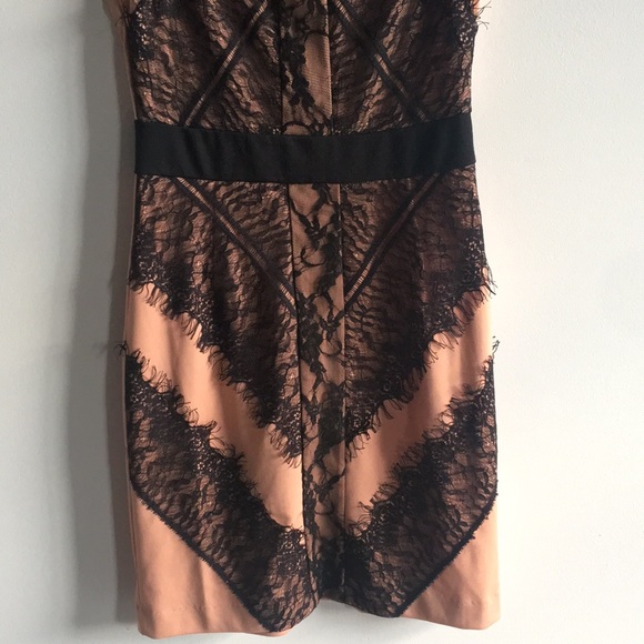 Peach form fitting mini dress w/ black lace - Picture 3 of 5